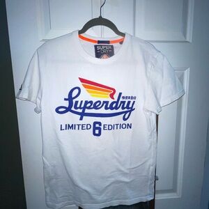 Superdry White Limited Edition Tee with Blue and Yellow Accents